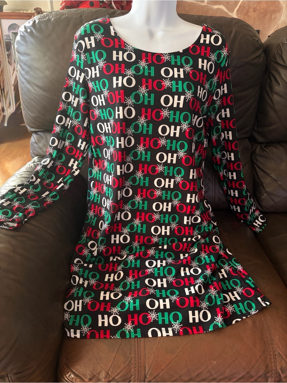 Holiday 'HO HO' Print Long Sleeve Dress - Red, Green, White on Black, EUC